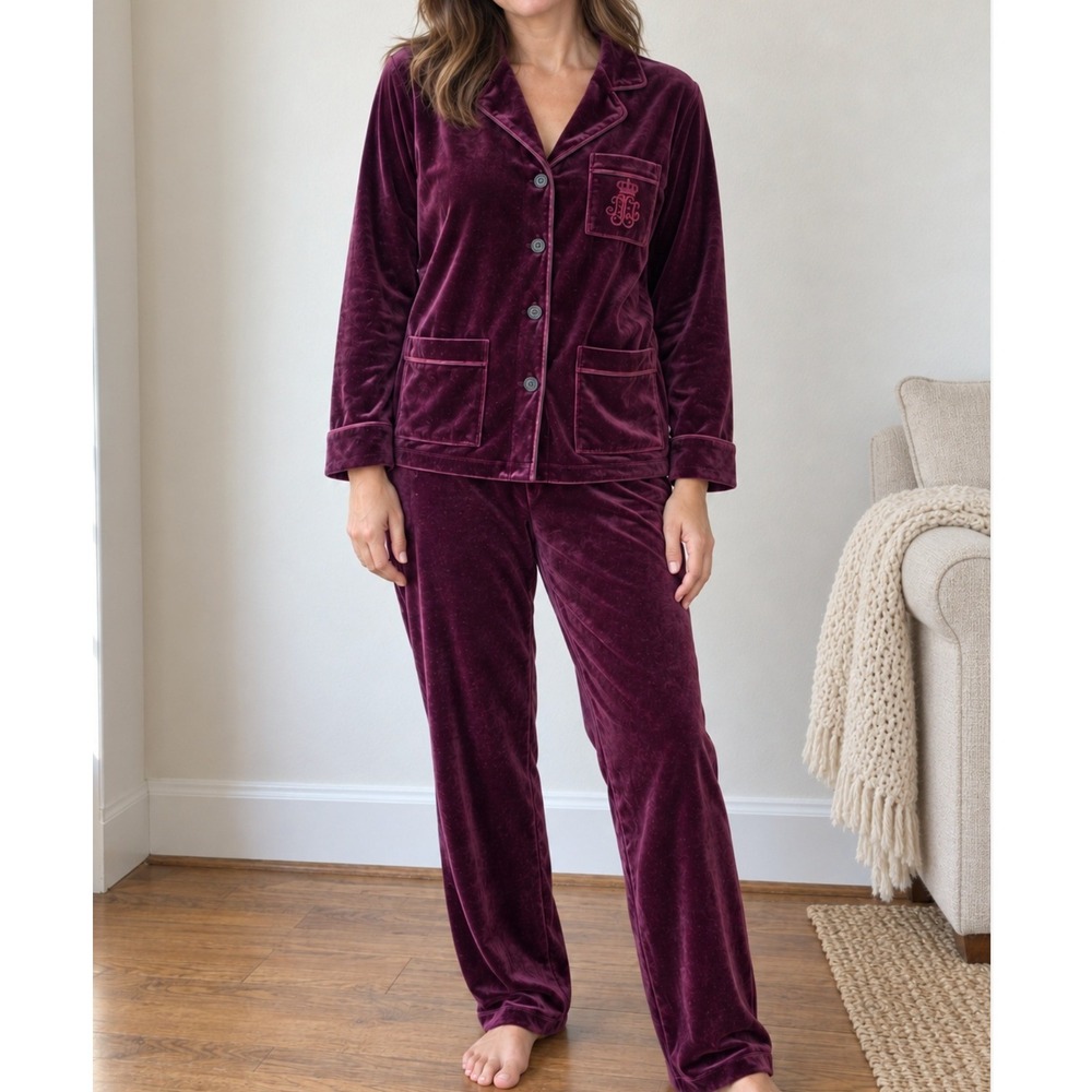 Lauren Ralph Lauren NWTWine Velvet Pajama Set Long Sleeve Button Front - L